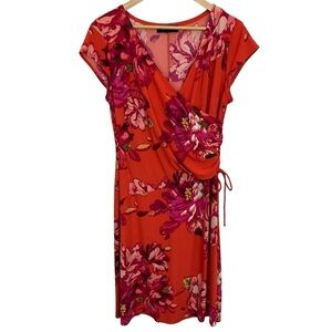 Jones&Co Floral Wrap Dress Womens S Red Pink Tropical Vacation Spring Cocktail